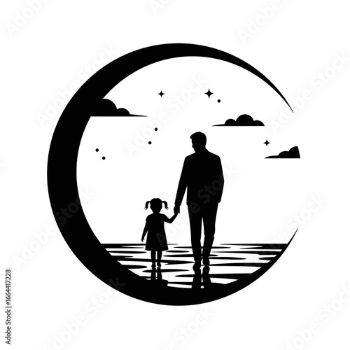 Father Daughter Silhouette Walking Under Starry Moon Night