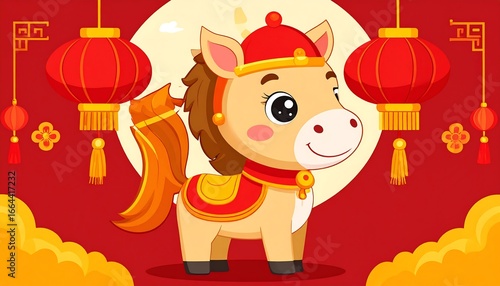 A cute cartoon horse in festive Chinese attire, surrounded by red lanterns and clouds