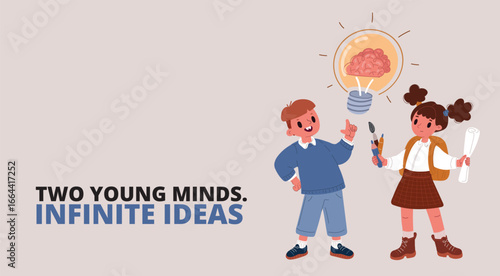 Cartoon vector illustration of a schoolboy and schoolgirl brainstorming with a light bulb containing a brain, symbolizing collaboration, problem-solving, and inventive thinking