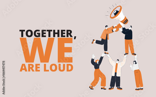 Vector illustration of people lifting others who hold a megaphone, symbolizing support, empowerment, and amplifying ideas