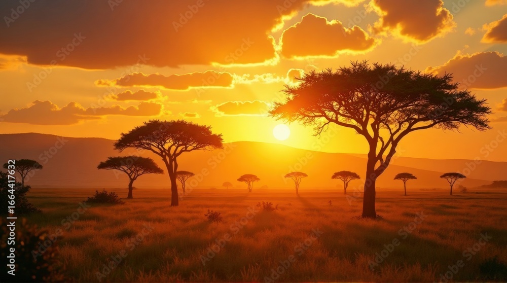 Obraz premium Sunset Over African Savanna with Silhouetted Acacia Trees and Vibrant Sky