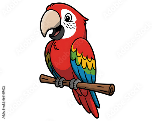 Cute cartoon red macaw parrot perched on a branch