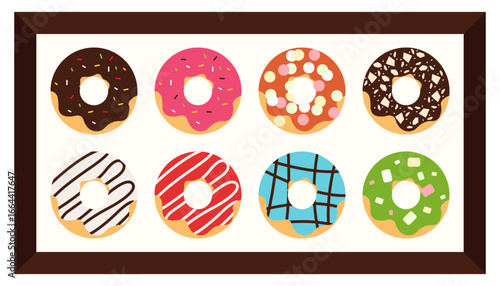 Colorful Donut with Various Types of Topping in The Rectangle Box