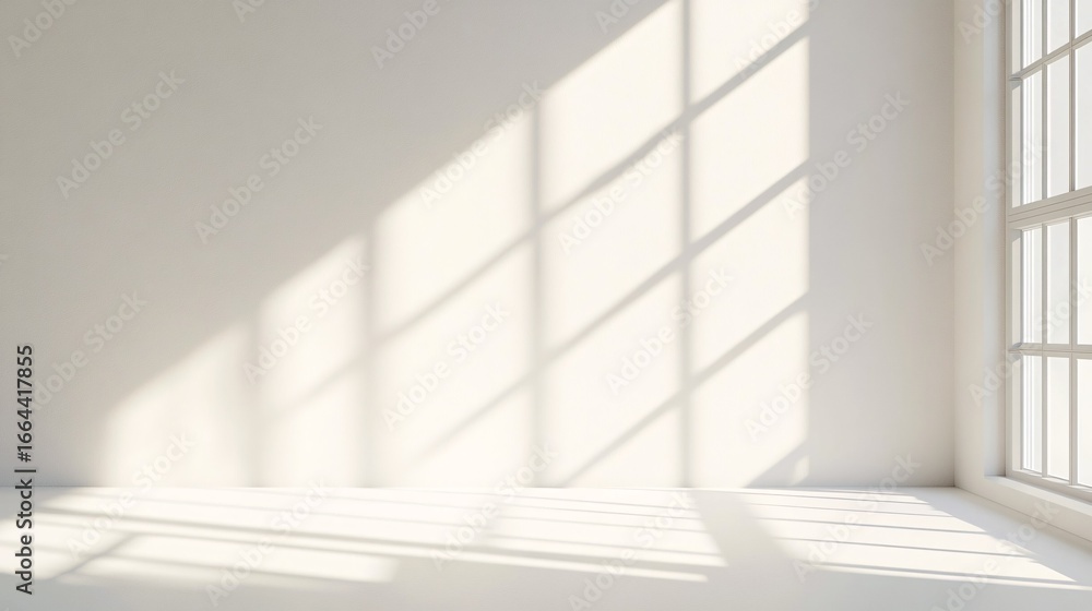 Fototapeta premium Sunlight streams through a window casting shadows on a white wall and floor.