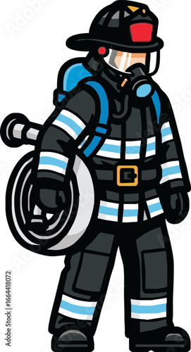 A cartoon illustration of a firefighter in full protective gear, carrying a coiled hose, ready for action.