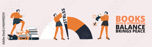 Vector illustration of a woman walking confidently on a stack of books, pulling a stress meter arrow down and checking a box, symbolizing mastering exam preparation and achieving calm success