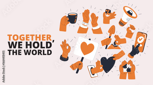 Vector illustration of hands in diverse actions—holding a tea cup, applauding, showing a percentage, planting a seed, signaling OK, passing a heart, holding a megaphone, grasping a puzzle house, and