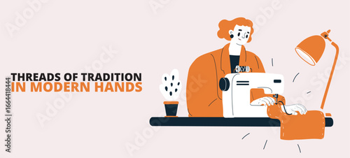 Vector illustration of a woman sewing at a table, symbolizing creativity, craftsmanship, and focused dedication
