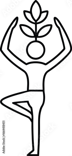 Person in tree pose holding a plant above head