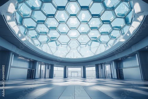Interior view of a modern building with a hexagonal patterned dome ceiling.