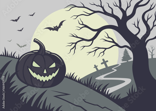 Spooky Halloween Pumpkin Illustration with Bats and Graveyard