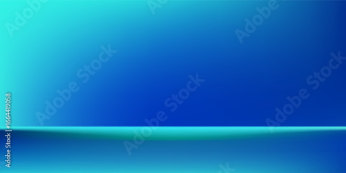 Abstract blue-green gradient studio room, abstract background pattern, walls and floor reflect neon lights, dark tones and feel simple abstract