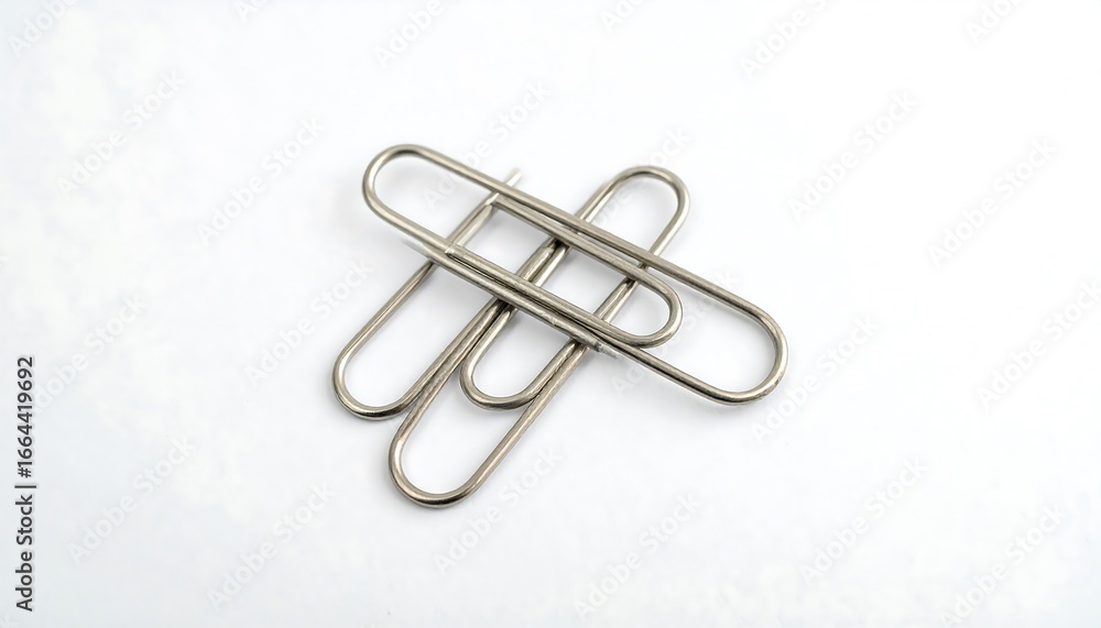 Fototapeta premium Three metal paperclips arranged on a white surface.
