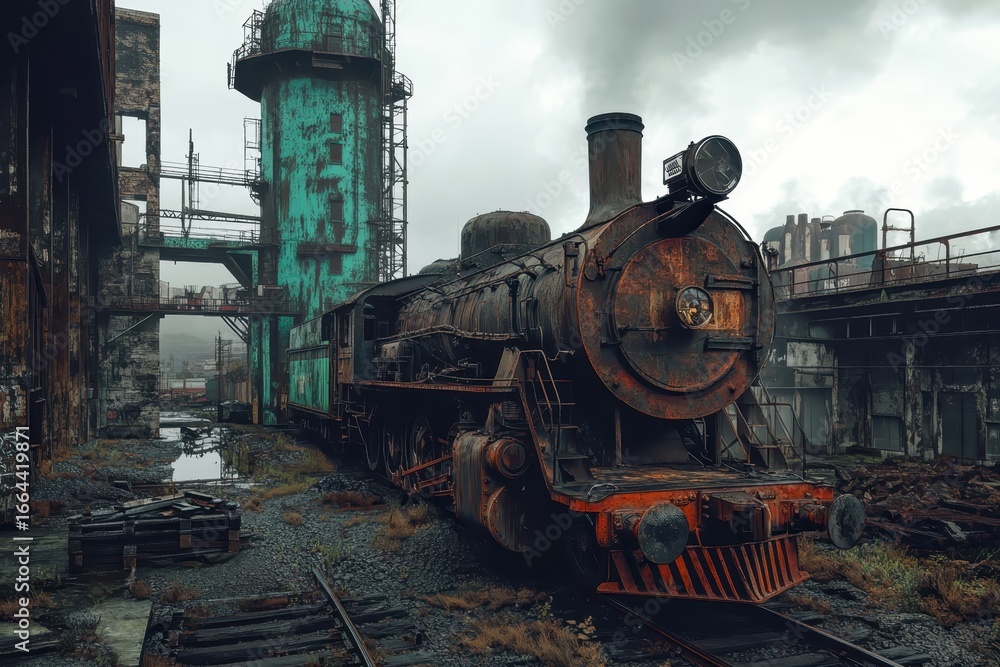 Obraz premium industrial cityscape with rusty train and teal tower