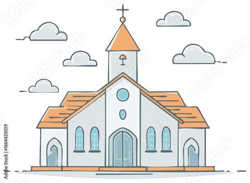church building with orange roof and clouds clip art preview
