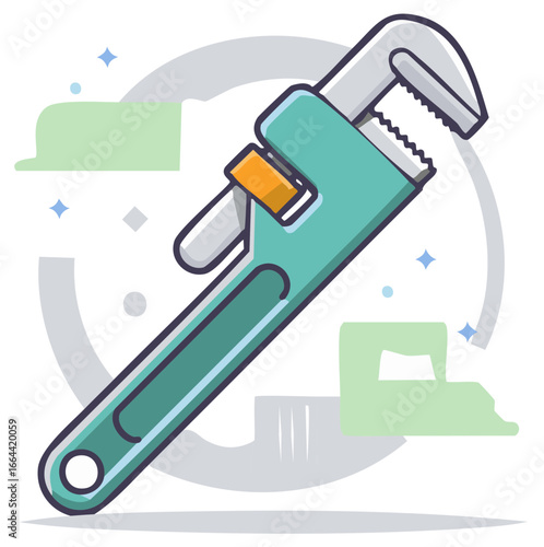 Green pipe wrench with clean design elements and sparkling accents
