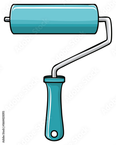 Bright teal paint roller cartoon illustration for home renovation and DIY projects
