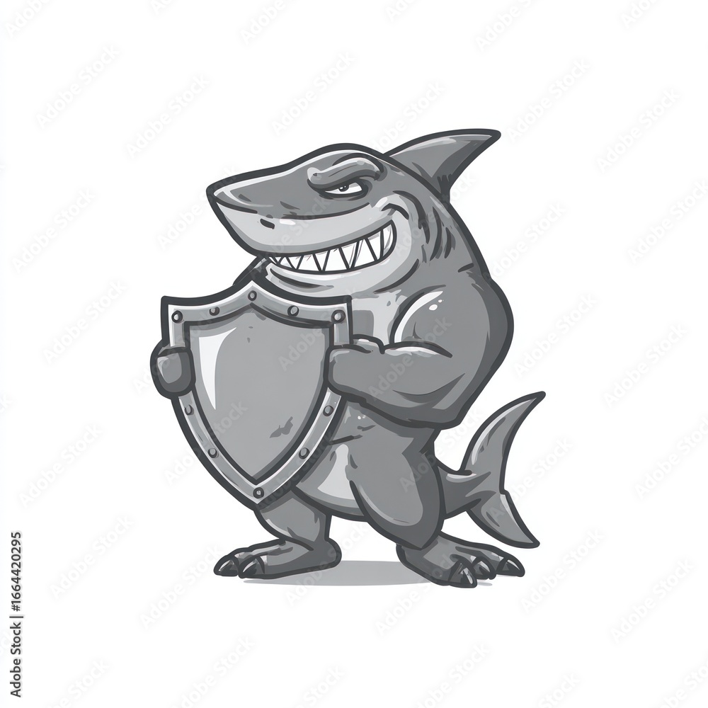 Fototapeta premium Cartoon shark stands strong, holding a shield with a confident grin