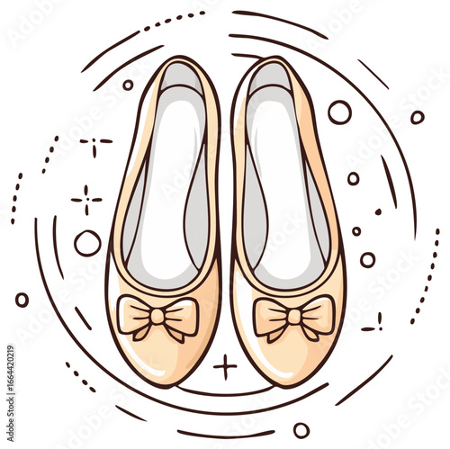 Cute cartoon illustration of women's beige ballet flat shoes with bows