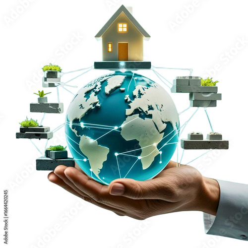 Powerful Logo Concept with a Hand, House, and Glowing Global With Background Transparent 