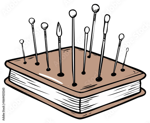 Stylized illustration of various sharp pins and needles inserted into a brown display block
