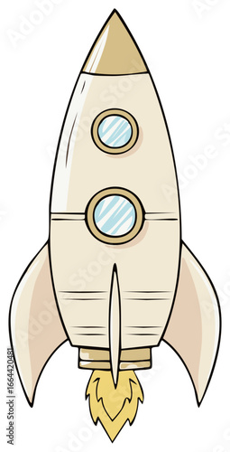 Launching rocketship emitting flames with circular windows in cartoon style illustration