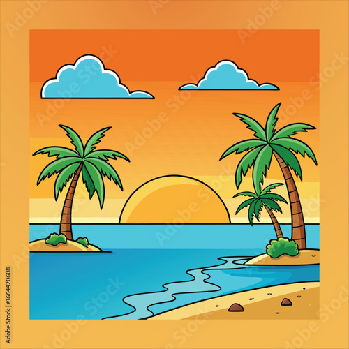 Tropical Beach at Sunset with Palm Trees