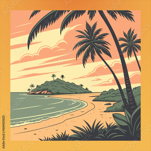 Tropical Beach at Sunset with Palm Trees