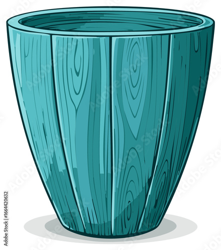 Empty turquoise wooden planter pot with a detailed wood grain texture cartoon vector illustration