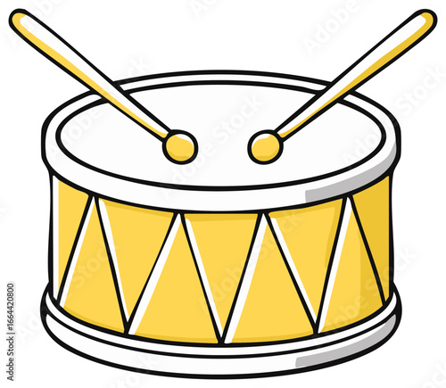 Cartoon drum and drumsticks, musical instrument, isolated on white