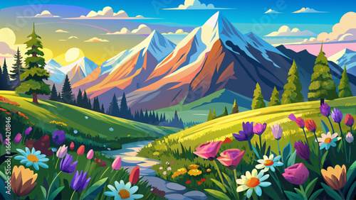 Idyllic alpine meadows bloom in springtime, vibrant colors unfolding beneath snow-touched peaks, sunlight warms quiet landscape, eternal harmony whispers softly, nature’s renewal glowing brightly, tim