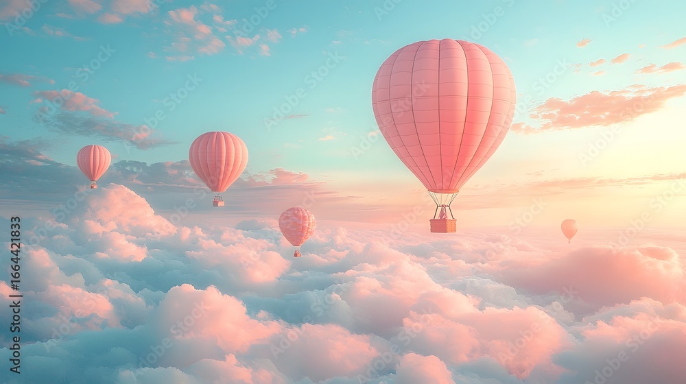 Fototapeta Whimsical watercolor hot air balloons float above a dreamy pastel sky