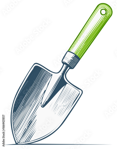 Illustrated Garden Trowel With Green Handle And Metal Blade Drawing