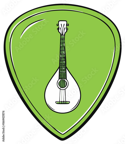 Mandolin illustration in a green guitar pick shape