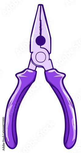 Illustration of purple long nose pliers. Hand tool for gripping, cutting, and holding objects
