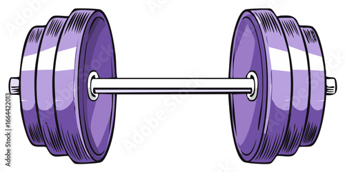 Illustration of a purple barbell for strength training, a fitness equipment for workouts and physical exercise cartoon design