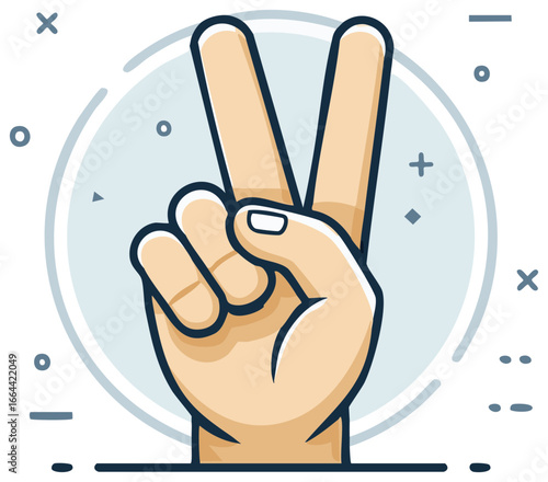 Cartoon style hand gesture making peace sign within a circle illustration.