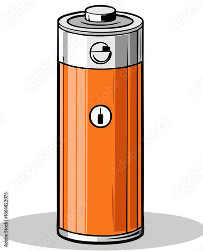 Vector illustration of a battery with a metal cap and orange body. Cartoon style.