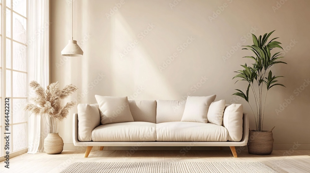 Fototapeta premium Beige sofa with pillows plant and decor in a bright neutral interior setting.