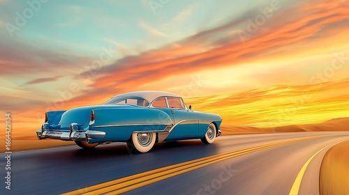 Classic car on a highway at sunset