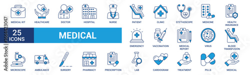 Medical icon set. Containing doctor, medicine, hospital, treatment, healthcare, nurse, pills, clinic and more. Blue vector icons collection.