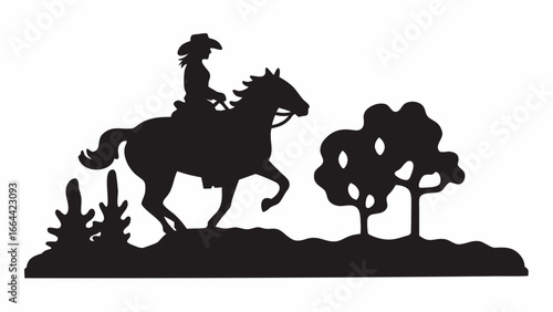 Silhouette of a cowgirl riding a horse with trees and shrubs in a western landscape scene design