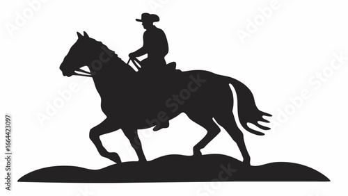 Silhouette depiction of a cowboy riding a horse across a small hill in a monochrome illustration
