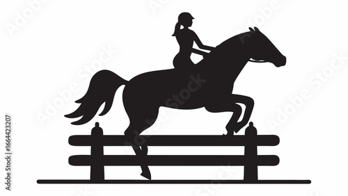 Silhouette of a horse and rider jumping over a fence in a show jumping competition depicted in black