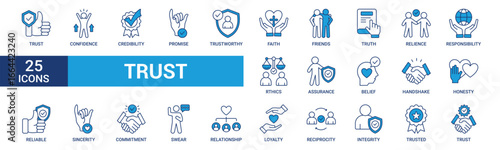 Trust icon set. Containing confidence, credibility, promise, trustworthy, friends, truth, faith, sincerity and honesty. Vector Blue icons collection.