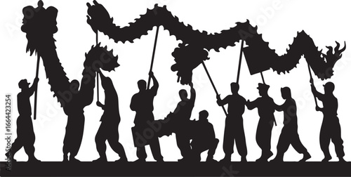 Black silhouette of people performing a dragon dance performance cultural