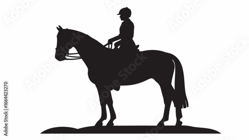 Silhouette of a horse and rider standing on a small hill in a black and white illustration style image