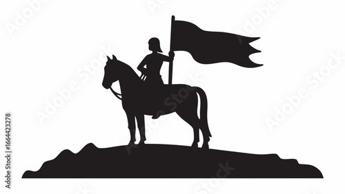 Silhouette of a person riding a horse holding a flag on a hill in a monochrome black and white image