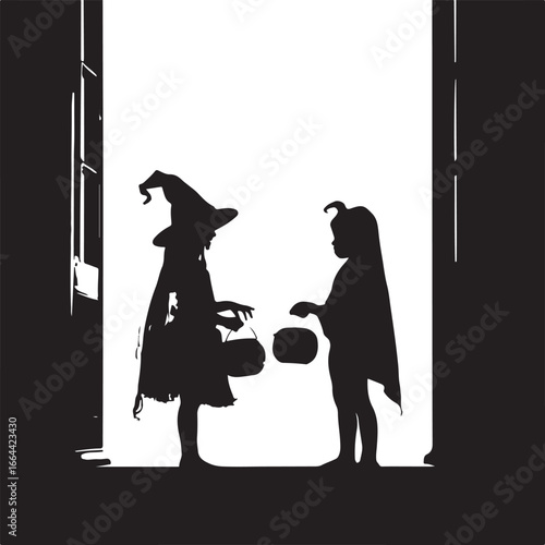 Two children in silhouette trick or treating on Halloween night kids costume