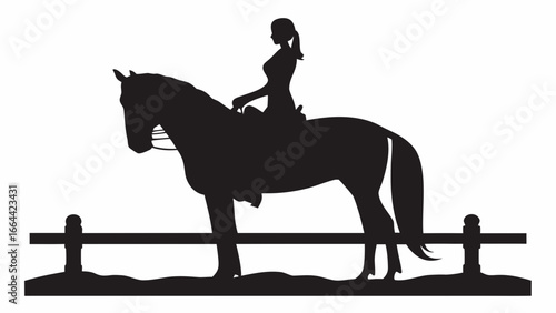 Silhouette of a woman riding a horse in front of a fence in a simple black and white illustration